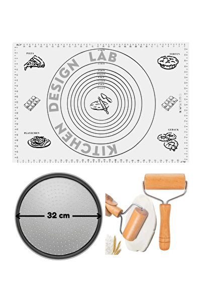 Kitchen Design Lab Beyaz Silikon Hamur Açma Matı 45x65 CM 32 CM Pizza Tepsisi ve Ahşap Saplı Hamur Açıcı Seti