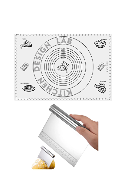 Kitchen Design Lab Beyaz Silikon Ölçülü Çok Amaçlı Hamur Açma Matı 45x65 CM ve Ölçülü Çelik Hamur Kesme Spatulası