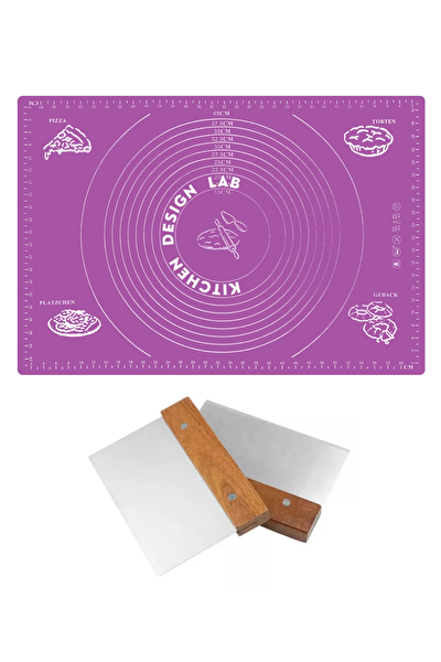 Kitchen Design Lab Mor Ölçülü Hamur Açma Matı 45x65 CM ve Paslanmaz Çelik Ahşap Saplı Hamur Kesici Spatula