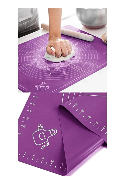 Kitchen Design Lab Mor Ölçülü Hamur Açma Matı 45x65 CM ve Paslanmaz Çelik Ahşap Saplı Hamur Kesici Spatula