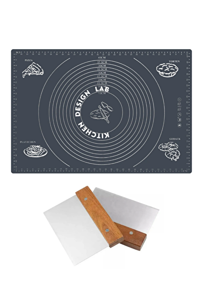 Kitchen Design Lab Gri Ölçülü Hamur Açma Matı 45x65 CM ve Paslanmaz Çelik Ahşap Saplı Hamur Kesici Spatula