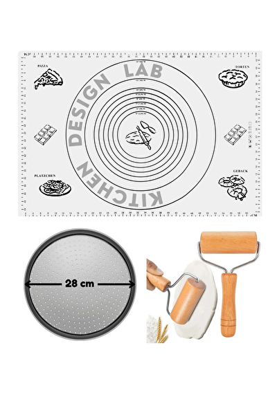 Kitchen Design Lab Beyaz Silikon Hamur Açma Matı 45x65 CM 28 CM Pizza Tepsisi ve Ahşap Saplı Hamur Açıcı Seti