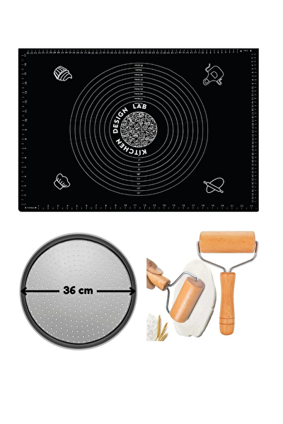 Kitchen Design Lab Siyah Silikon Hamur Açma Matı 45x65 CM 36 CM Pizza Tepsisi ve Ahşap Saplı Hamur Açıcı Seti