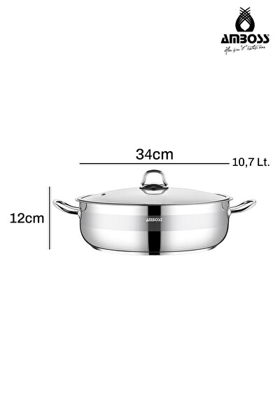 Amboss Saphire Paslanmaz Çelik 34 CM Cam Kapaklı Basık Tencere
