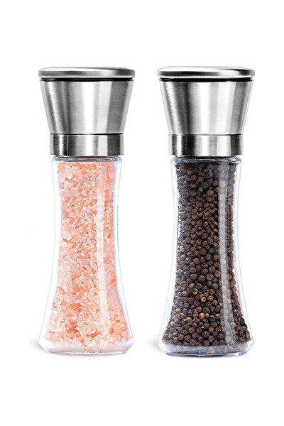 Mithra Life 2 li Büyük Boy Metal Krom Kapaklı Cam Tuz Karabiber Değirmeni Tuzluk Biberlik MIT1245