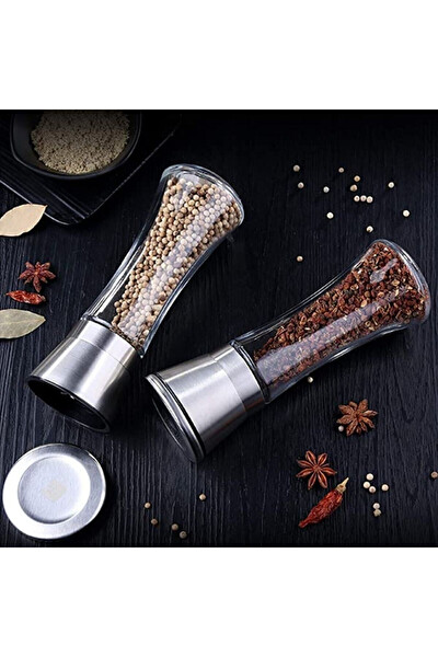 Mithra Life 2 li Büyük Boy Metal Krom Kapaklı Cam Tuz Karabiber Değirmeni Tuzluk Biberlik MIT1245