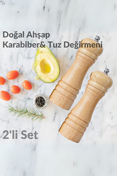 Mithra Life MIT1249 2'li Büyük Boy Bambu Gövdeli Ahşap Tuz ve Karabiber Değirmeni Öğütücü