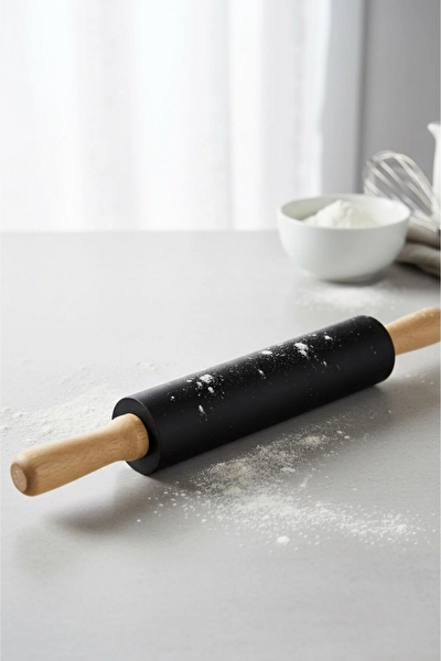 Kitchen Design Lab 1. Sınıf Fırın Pişirme Altlığı Siyah Ölçülü Hamur Açma Matı 45x65 CM Bambu Saplı Silikon Merdane