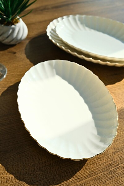 Kütahya Porselen Bone Luz Form Kayık Tabak Seti Altın 3 Parça