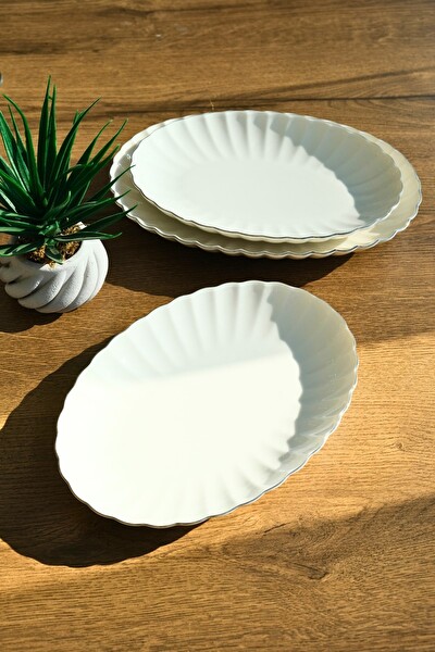 Kütahya Porselen Bone Luz Form Kayık Tabak Seti Platin 3 Parça