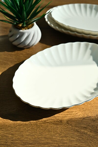 Kütahya Porselen Bone Luz Form Kayık Tabak Seti Platin 3 Parça