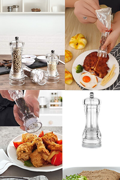 Mithra Life MIT1257 2'li Büyük Boy 20 cm Akrilik Şeffaf Tuz Karabiber Şef Değirmeni Öğütücü