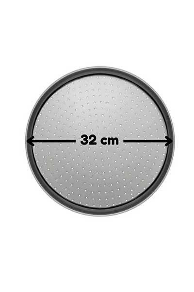 Kitchen Design Lab Orta Boy Delikli Pizza Tepsisi Lahmacun Tepsisi 32 CM Ve Bambu Yuvarlak Pizza Tabağı 30 CM