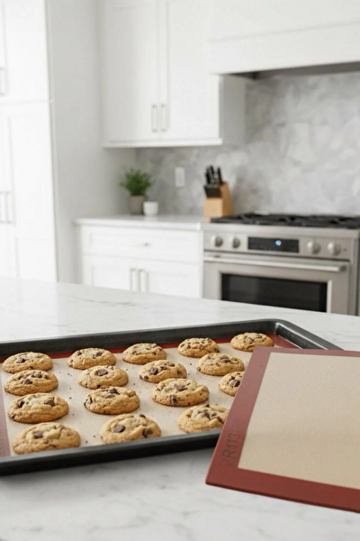 Kitchen Design Lab Yanmaz Yapışmaz Yıkanabilir Pişirme Matı ve Kırmızı Silikon Yanmaz Mutfak Fırın Eldiveni