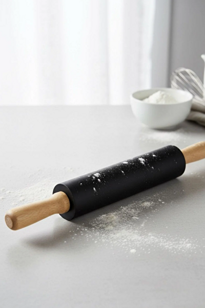 Kitchen Design Lab 45x65 CM Silikon Hamur Açma Matı Ve Bambu Saplı Silikon Merdane