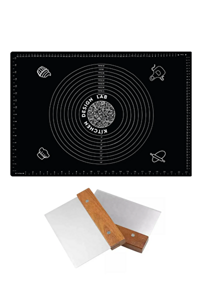 Kitchen Design Lab Siyah 45x65 CM Silikon Hamur Açma Matı ve Paslanmaz Çelik Ahşap Saplı Hamur Kesici Kazıyıcı Spatula