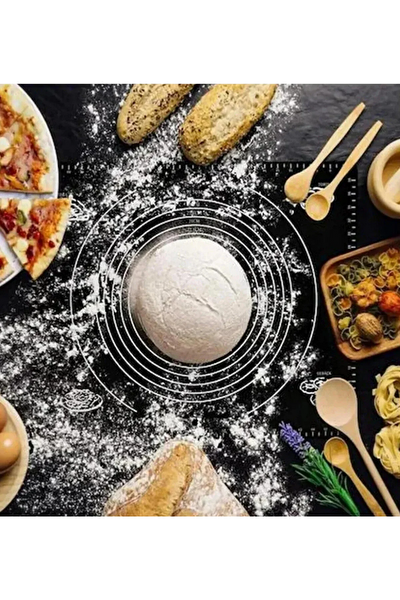 Kitchen Design Lab Siyah 45x65 CM Silikon Hamur Açma Matı ve Paslanmaz Çelik Ahşap Saplı Hamur Kesici Kazıyıcı Spatula