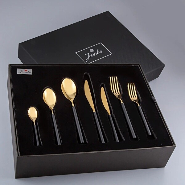 Jumbo 6000 Roller 12 Kişilik 84 Parça Çatal Kaşık Bıçak Takımı Siyah Altın