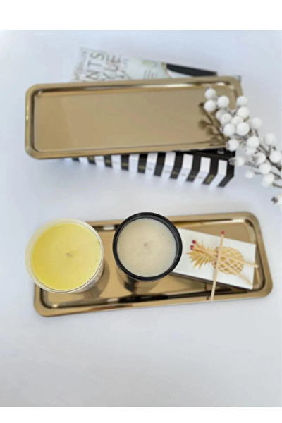 Kitchen Design Lab Paslanmaz Çelik Gold Renk Dikdörtgen Dar Metal Düz Sunum Tepsisi Çay Kahve Tatlı Sunum 3 Adet