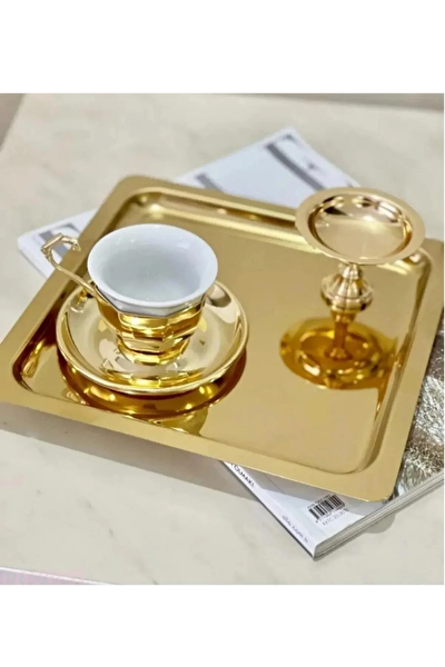 Paslanmaz Çelik Gold Renk 21 x 21 CM Servis Sunum Tepsisi 2 Adet