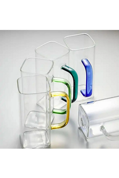 Kitchen Design Lab Kare Cam Füme Kulplu 350 ML Latte Meşrubat Su Bardağı Seti 6 Adet