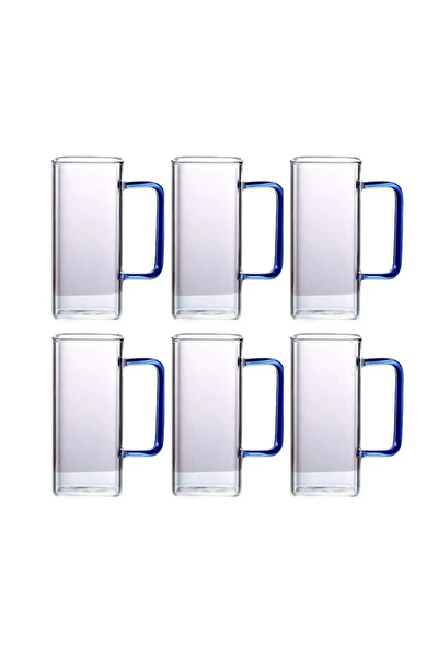 Kitchen Design Lab Kare Cam Mavi Kulplu 350 ML Latte Meşrubat Su Bardağı Çeyiz Seti 6 Adet