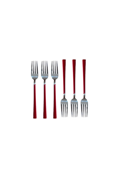 Kitchen Design Lab Kutulu Paslanmaz Çelik Parlak Gümüş Kırmızı Tatlı Çatalı Seti 6 Adet