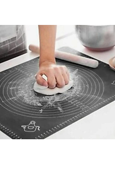 Kitchen Design Lab Gri 45x65 CM 8'li Silikon Hamur Açma Matı Çelik Un Eleği ve Hamur Dinlendirme Poşeti