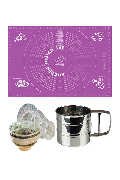 Kitchen Design Lab Mor 45x65 CM 8'li Silikon Hamur Açma Matı Çelik Un Eleği ve Hamur Dinlendirme Poşeti