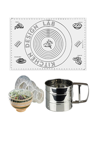 Kitchen Design Lab Beyaz 45x65 CM 8'li Silikon Hamur Açma Matı Çelik Un Eleği ve Hamur Dinlendirme Poşeti