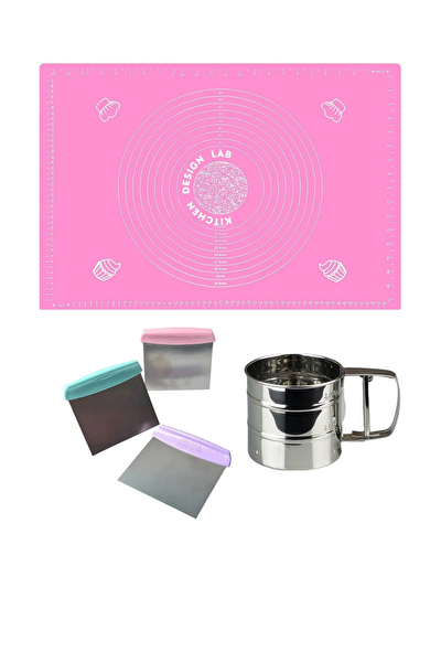 Kitchen Design Lab Pembe Silikon Ölçülü Çok Amaçlı Hamur Açma Matı 45 CM X 65 CM Çelik Un Eleği Ve Çelik Hamur Kesici