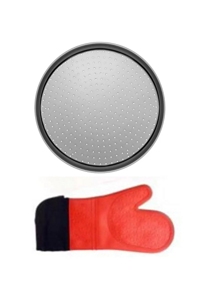 Kitchen Design Lab Orta Boy Delikli Pizza Tepsisi 32 CM Ve Kırmızı Silikon Yanmaz Fırın Eldiveni