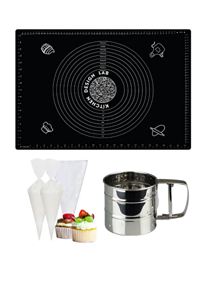 Kitchen Design Lab 45x65 CM Siyah Silikon Hamur Açma Matı Çelik Un Eleği Ve Kullan At Krema Sıkma Torbası Seti