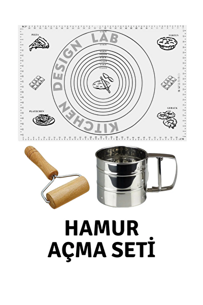 Kitchen Design Lab 45x65 CM Beyaz Silikon Hamur Açma Matı Çelik Un Eleği Ve Ahşap Saplı Hamur Açıcı