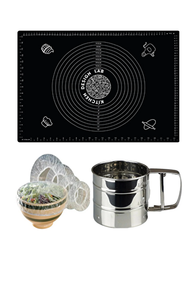 Kitchen Design Lab 45x65 CM Silikon Hamur Açma Matı Çelik Un Eleği Ve 8 Li Hamur Dinlendirme Poşeti