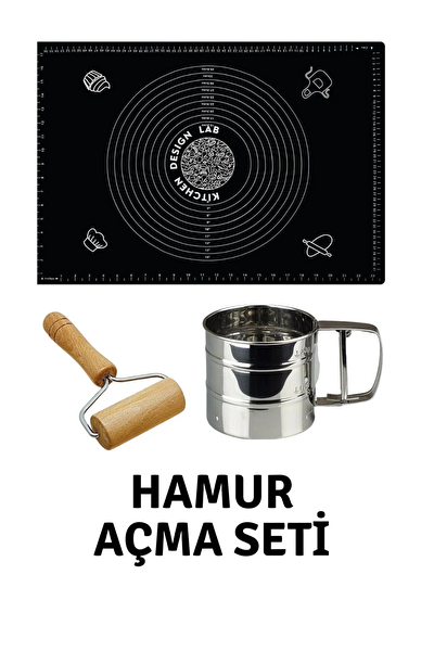 Kitchen Design Lab 45x65 CM Siyah Silikon Hamur Açma Matı Çelik Un Eleği Ve Ahşap Saplı Hamur Açıcı