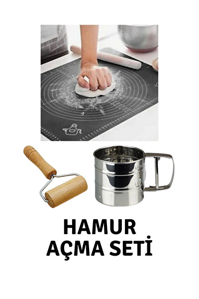 Kitchen Design Lab 45x65 CM Silikon Hamur Açma Matı Çelik Un Eleği Ve Ahşap Saplı Hamur Açıcı