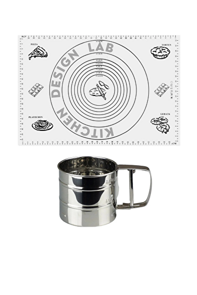 Kitchen Design Lab Beyaz Silikon Ölçülü Çok Amaçlı Hamur Açma Matı 45 CM X 65 CM Ve Çelik Un Eleği