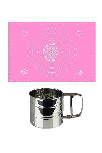 Kitchen Design Lab Pembe Silikon Ölçülü Çok Amaçlı Hamur Açma Matı 45 CM X 65 CM Ve Çelik Un Eleği