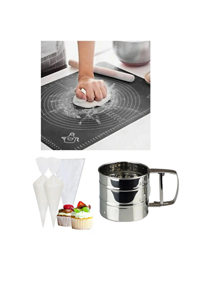 Kitchen Design Lab 45x65 CM Silikon Hamur Açma Matı Çelik Un Eleği Ve Kullan At Krema Sıkma Torbası Seti