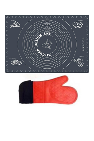 Kitchen Design Lab 45x65 CM Gri Silikon Hamur Açma Matı Ve Kırmızı Silikon Yanmaz Mutfak Fırın Eldiveni 2 Li Set