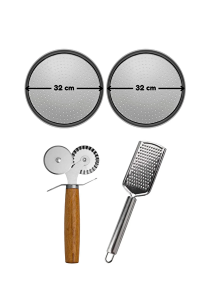 Kitchen Design Lab Orta Boy Delikli Pizza Tepsisi 32 CM X 2 Adet - Çift Başlı Pizza Ruleti Ve Çelik Peynir Rendesi