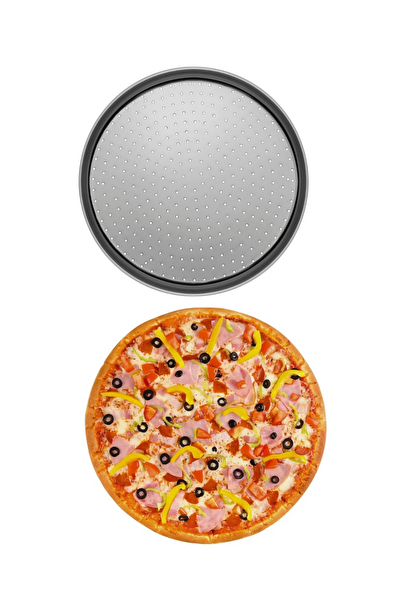 Kitchen Design Lab Orta Boy Delikli Pizza Tepsisi 32 CM X 2 Adet - Çift Başlı Pizza Ruleti Ve Çelik Peynir Rendesi