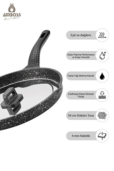 Amboss Döküm Granit Kapaklı Balık Tavası 34 CM