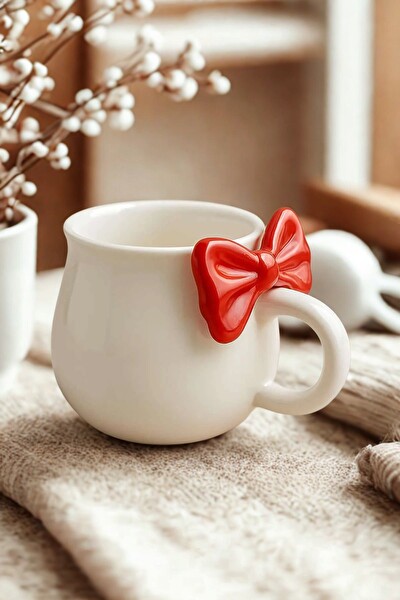 Mithra Life Kırmızı Fiyonklu 300 ML Beyaz Seramik Kupa Bardak MIT1213