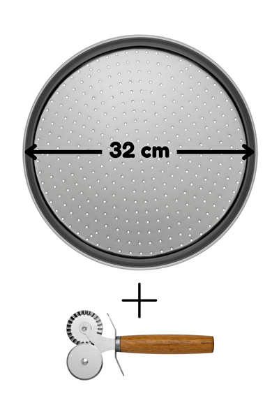 Kitchen Design Lab Orta Boy 32 CM Delikli Çift Başlıklı Pizza Ruleti Ve Tepsisi