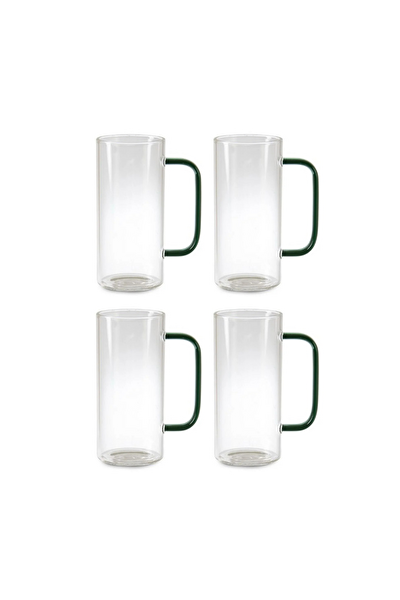 Kitchen Design Lab Borosilikat Yuvarlak Cam Bardak Kulplu Kupa 400 ML 4 Adet Yeşil