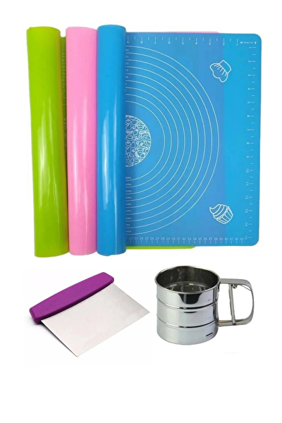 Kitchen Design Lab Silikon Ölçülü Çok Amaçlı Hamur Açma Matı 45 CM x 65 CM Çelik Un Eleği ve Çelik Hamur Kesici