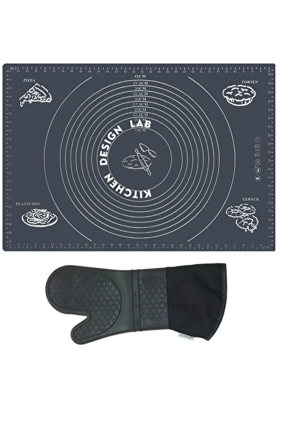 Kitchen Design Lab 45x65 CM Silikon Hamur Açma Matı Ve Gri Silikon Yanmaz Mutfak Fırın Eldiveni 2'li Set Gri