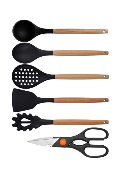 Kitchen Design Lab Siyah Bambu Silikon Servis Seti 6 Adet Kepçe Kaşık Kevgir Makarna Aparatı Açılı Spatula Makas